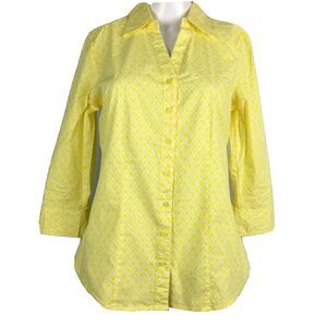 Como Shirt‎ Womens Sz Medium Yellow White Button Up Cotton 3/4 Sleeve Collar